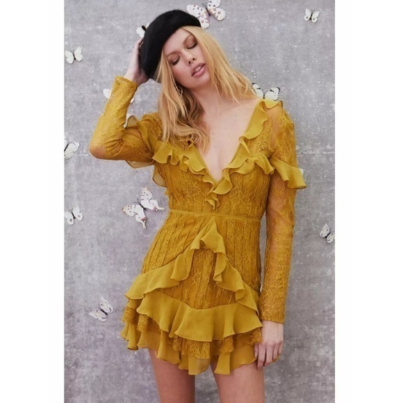 For Love & Lemons Daphne Lace Yellow Olive Mini Dress Size Xs Nwot